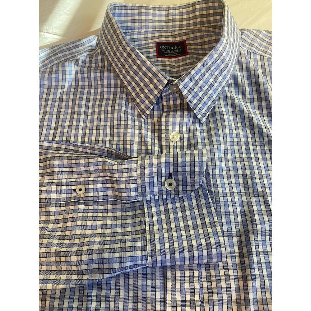 Men's UNTUCKit Blue/Gray Plaid Long‎ Sleeve Button Down Shirt-Size 2XL